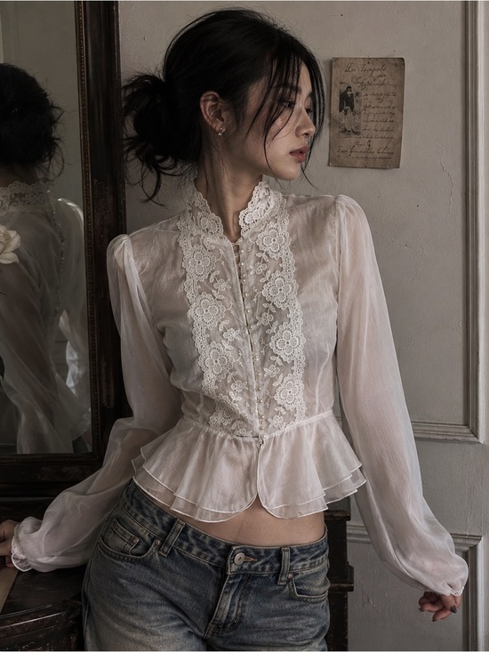 Tops - Vintage Style White Sheer Lace Victorian Blouse S/M
